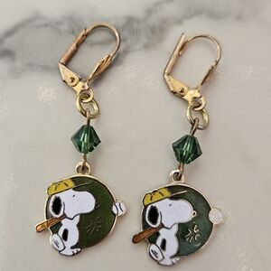 Vintage Aviva Snoopy Baseball Enamel Earrings Dangle Jewelry